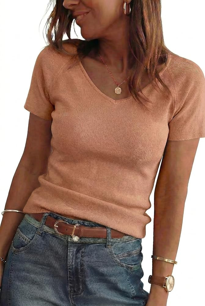 Arach&Cloz Women's 2026 Wool Blend Spring Summer Tops V Neck Short Sleeve Sweater Shirts Pullover Lightweight Soft Cozy Slim Fit Cashmere Stretchy Business Casual Outfits Work Tops Trendy Camel XXL at Amazon Women\u2019s Clothing store | Amazon (US)