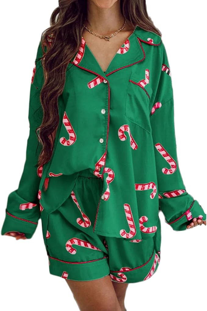 Women Christmas Pajamas Set Cute Printed Pjs Long Sleeve Shirt Shorts Holiday Lounge 2 Piece Slee... | Amazon (US)