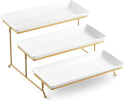 LYEOBOH 3 Tier Serving Stand and Platters Set Large Tiered Serving Platters with Collapsible Sturdier Rack 14 Inches Tiered Serving Tray for Appetizer Fruit, Dessert and Cupcake, White | Amazon (US)