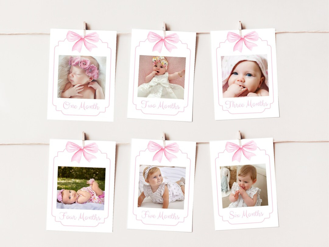 First Year Photo Banner, Monthly Milestone Photo Cards, Pink Bow First Birthday Photo Banner, Gir... | Etsy (US)