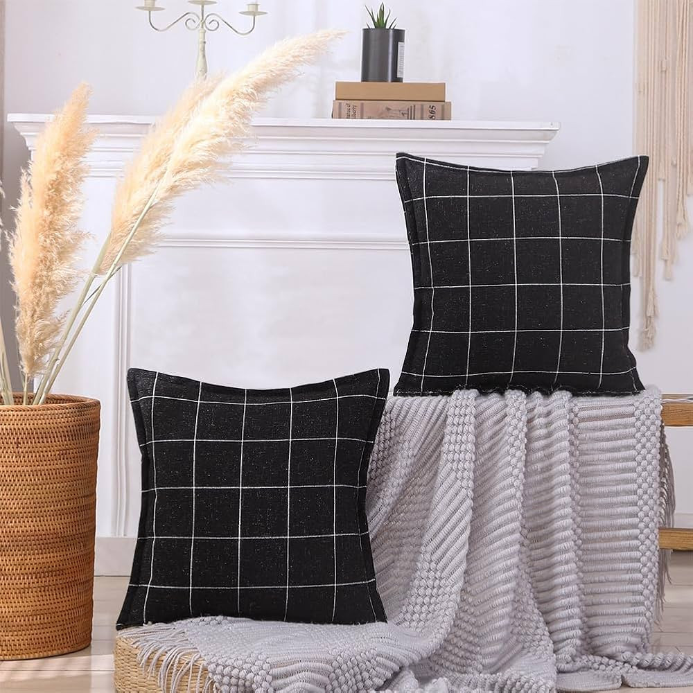 CARRIE HOME Black and White Plaid Linen Throw Pillow Covers 24x24 Set of 2, Black Buffalo Checker... | Amazon (US)