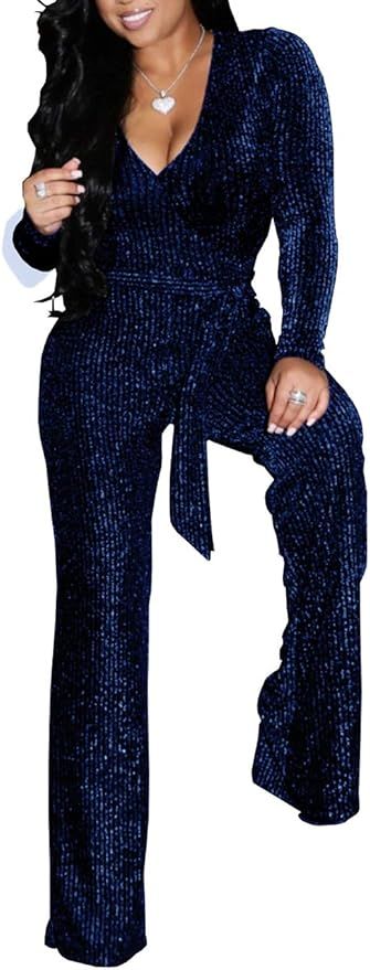 LightlyKiss Women Casual Sexy V Neck Sparkly Jumpsuits Long Sleeve Onesie Loose Pants Party Clubw... | Amazon (US)