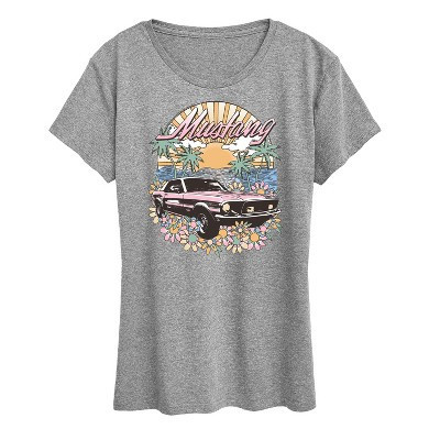 Women's Ford Mustang Vintage Tropical Beach Sunset with Flowers Short Sleeve Graphic T-Shirt - Heather Grey - Small | Target