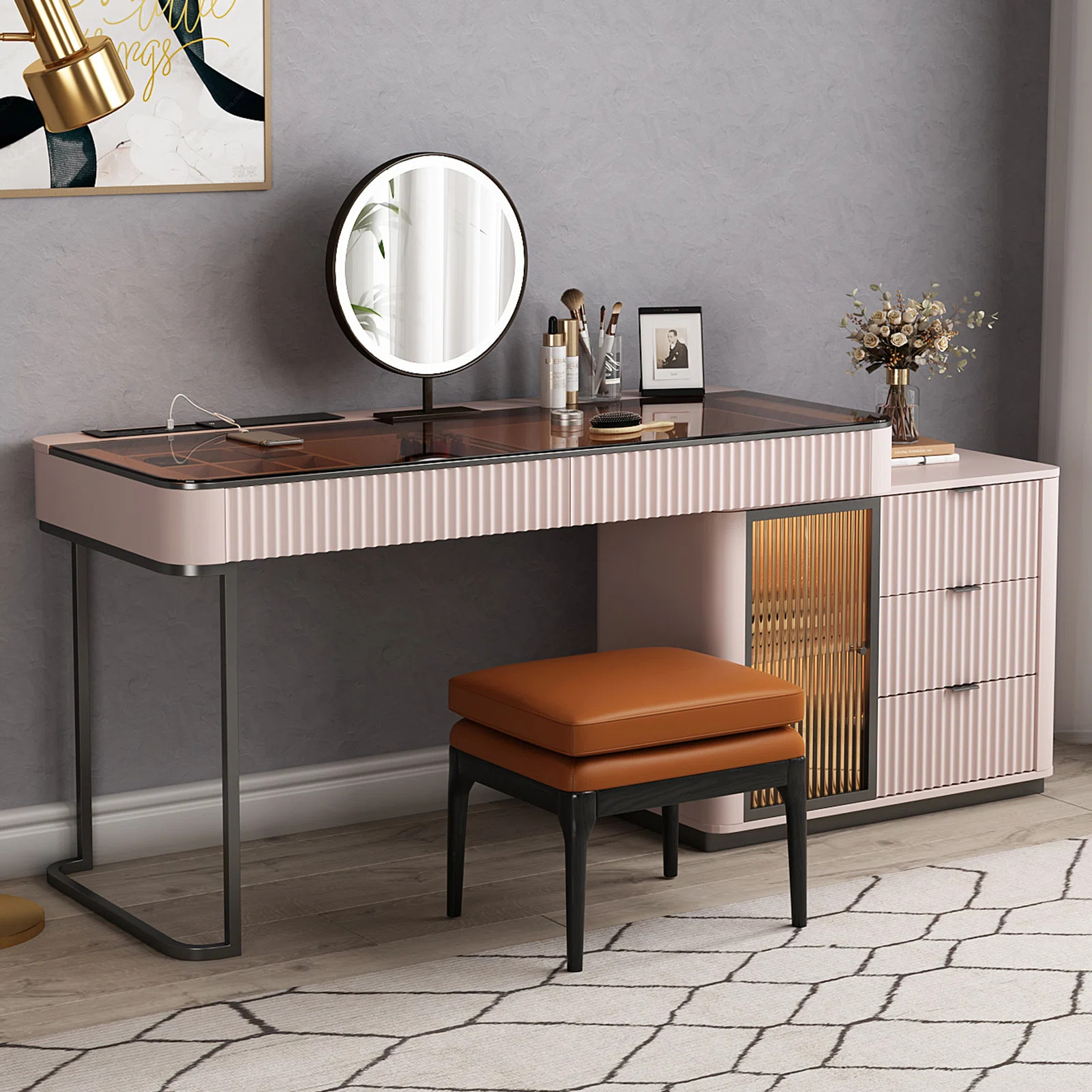 Makeup Vanity Set,Power Outlet, Glass Top,Corner | Wayfair North America