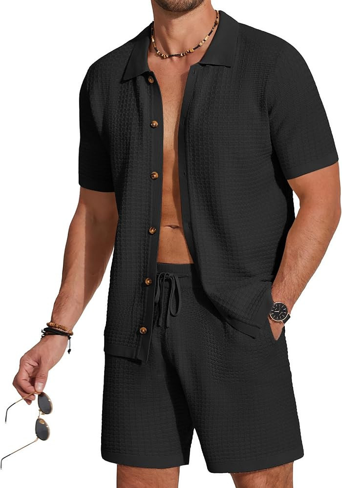 COOFANDY Men's 2 Piece Short Sets Casual Button Down Shirt and Shorts Set Knit Polo Set Vintage S... | Amazon (US)