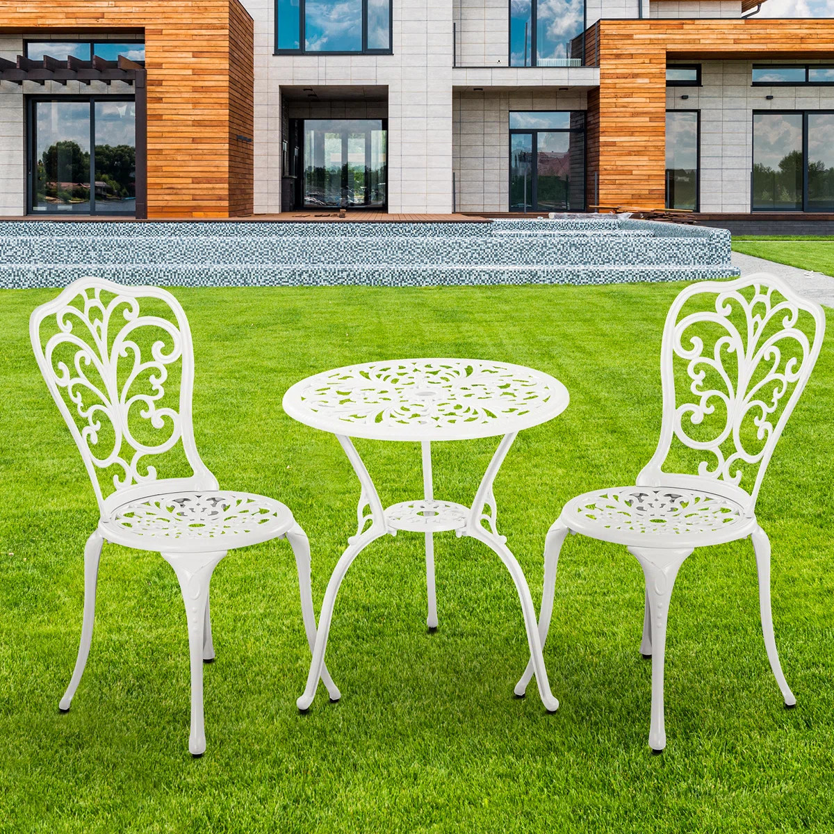Bistro Table and Chairs Set of 2 with Umbrella Hole for Garden,White | Wayfair North America