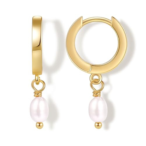 Fiusem Pearl Drop Earrings for Women, 14K Gold Plated Small Hoops and Pearl Dangle Earrings, 10mm Huggie Hoops | Amazon (US)