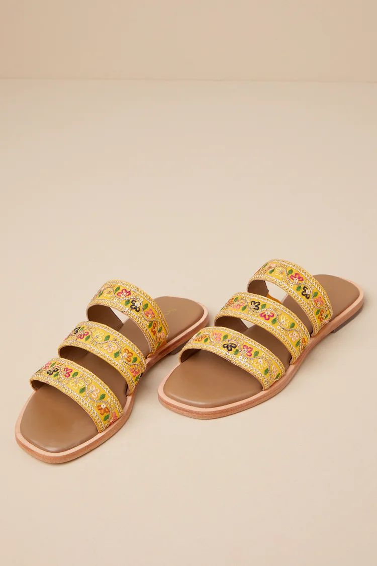 Empress Yellow Ribbon Embroidered Sequin Flat Slide Sandals | Lulus