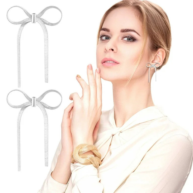 Chamoist Bow Earrings for Women Gold Silver Bow Dangle Drop Earrings Long Tassel Chain Bow Knot S... | Walmart (US)