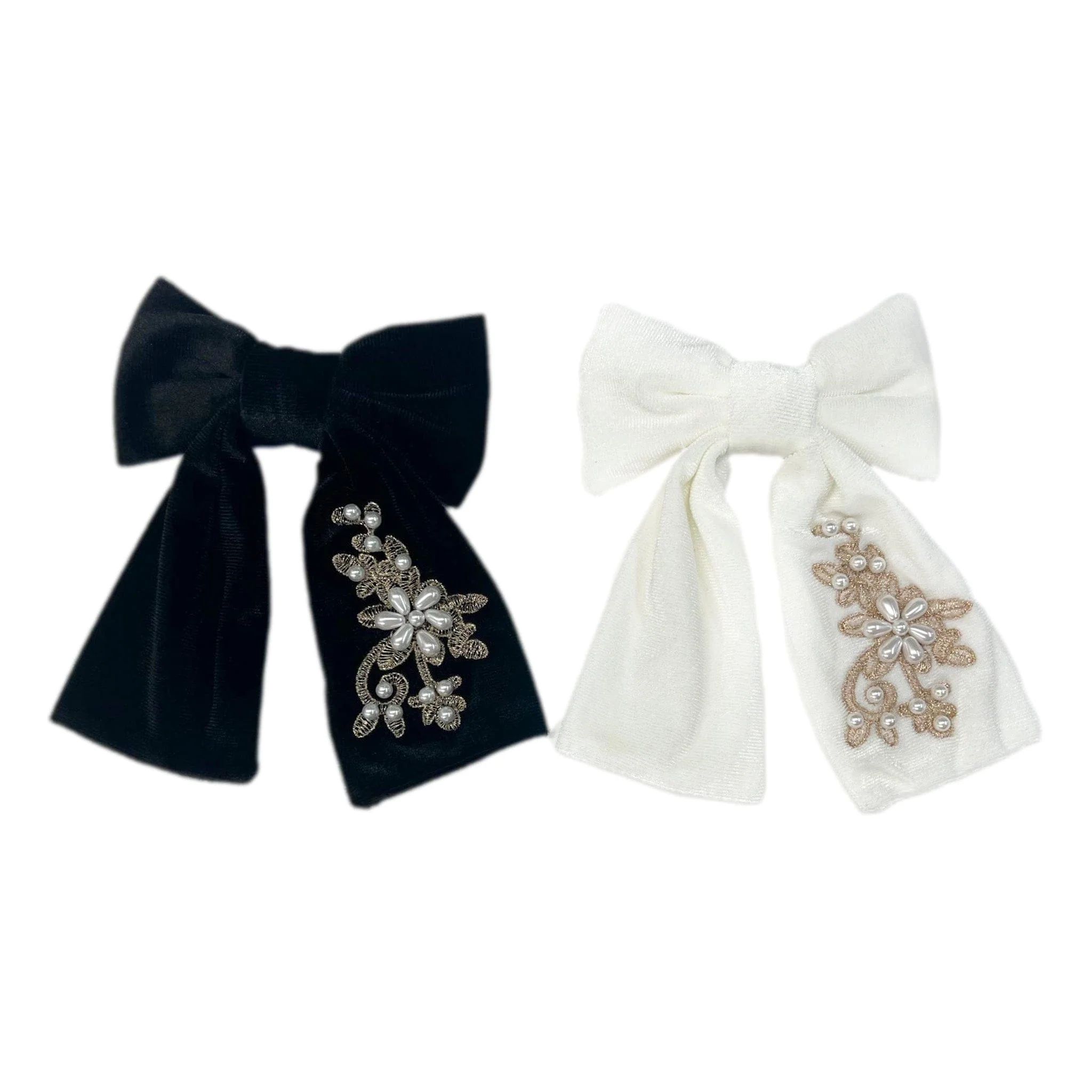 Embroidered Velvet Pearl Hair Bows | petite maison kids