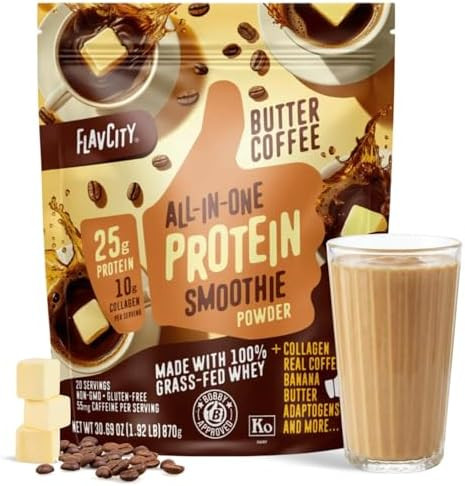 FlavCity All in One Protein Shake Powder, Butter Coffee - 55mg Caffeine + Collagen Peptides, Reis... | Amazon (US)