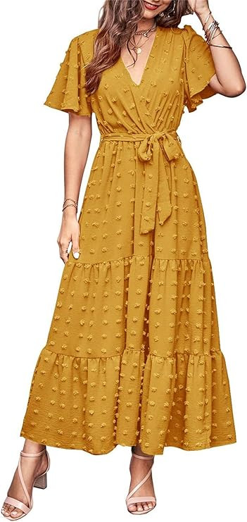 MASCOMODA Womens Boho Swiss Dot Maxi Dresses Wrap V Neck Flutter Short Sleeve Solid Tie Belt A Li... | Amazon (US)