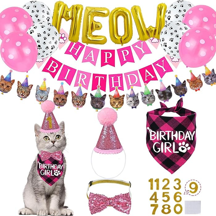 STMK Cat Birthday Party Supplies, Cat Birthday Hat Bandana Bow Tie Collar Number Banner Garland M... | Amazon (US)