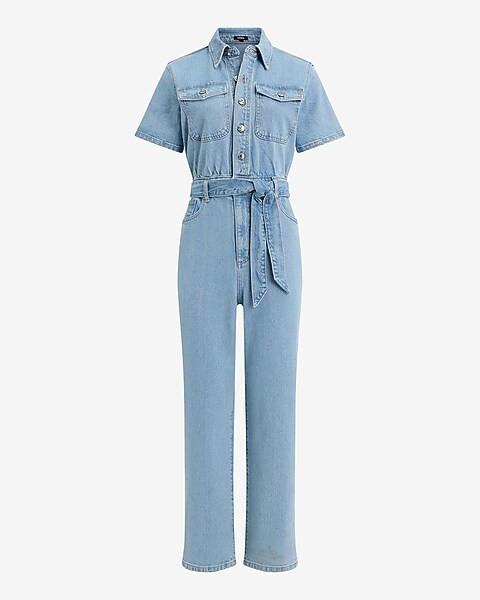 Light Wash Short Sleeve Straight Leg Belted Denim Jumpsuit with Pockets | Express