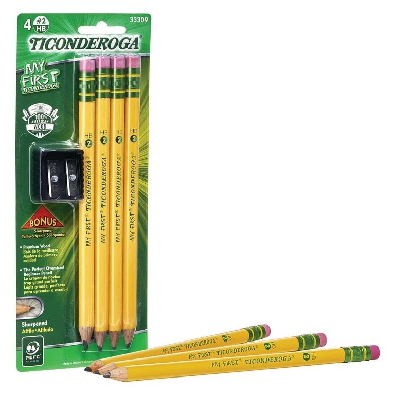 Ticonderoga My First Wood-Cased Pencils, Pre-Sharpened, Bonus Sharpener, Yellow, 4 Count - Walmar... | Walmart (US)