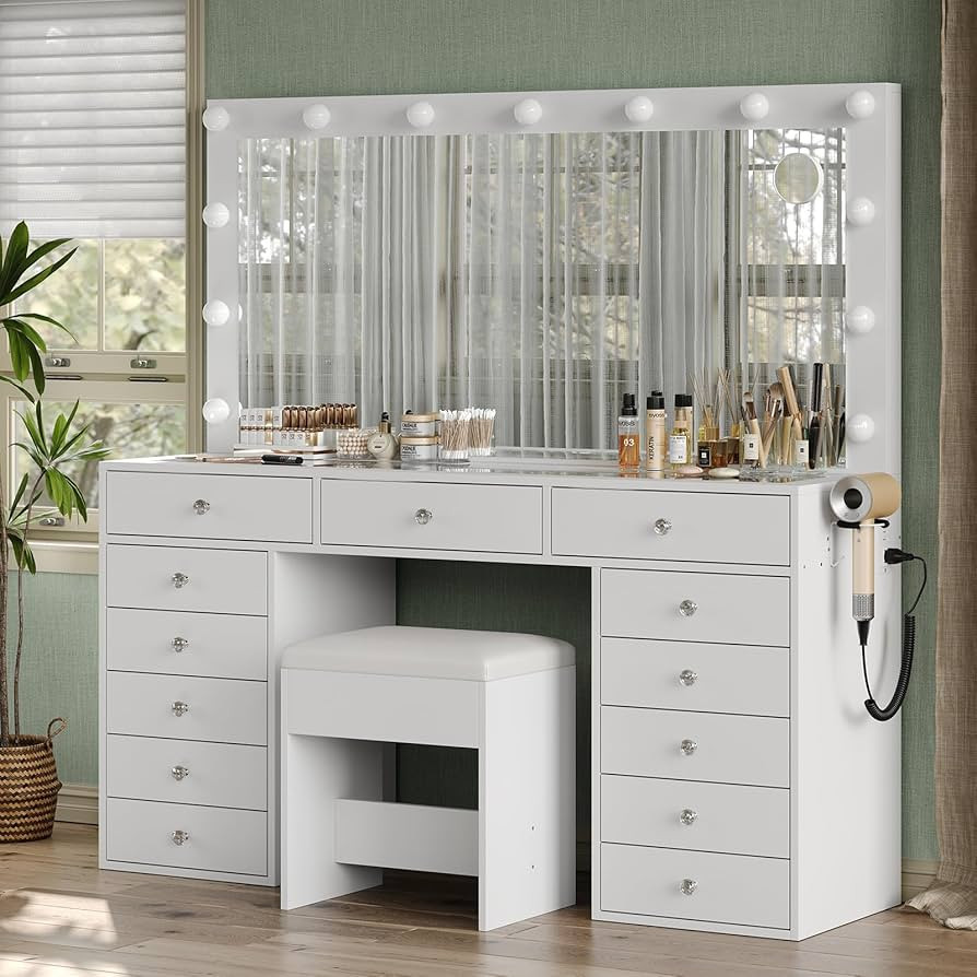 55'' Vanity Desk, Makeup Vanity with Charging Station, 13 Drawers with Lighted Mirror, 3 Lighting... | Amazon (US)