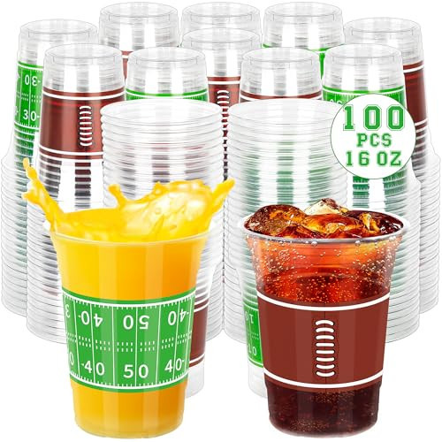 100 PCS Football Plastic Cups, 16 OZ Plastic Cups, Clear Football Cups Bulk, Disposable Cups Cold Hot Drink for Football Party Supplies Football Birthday Party Decorations, Football Decor | Amazon (US)