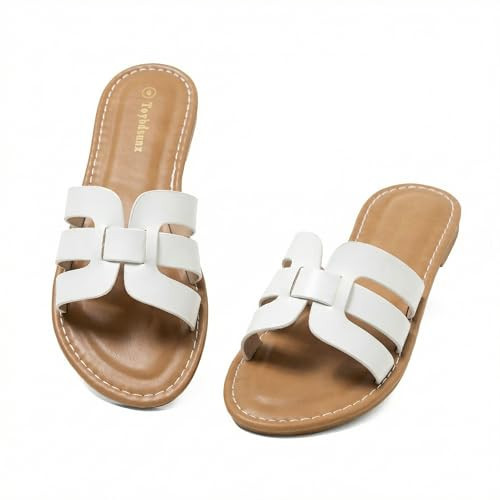 Toybdsunx Women's White Sandals, Open Toe Slip On Beach Sandals with Cushioned Sole, Comfortable Non Slip Flat Sandals for Women Summer Vacation Everyday Wear | Amazon (US)