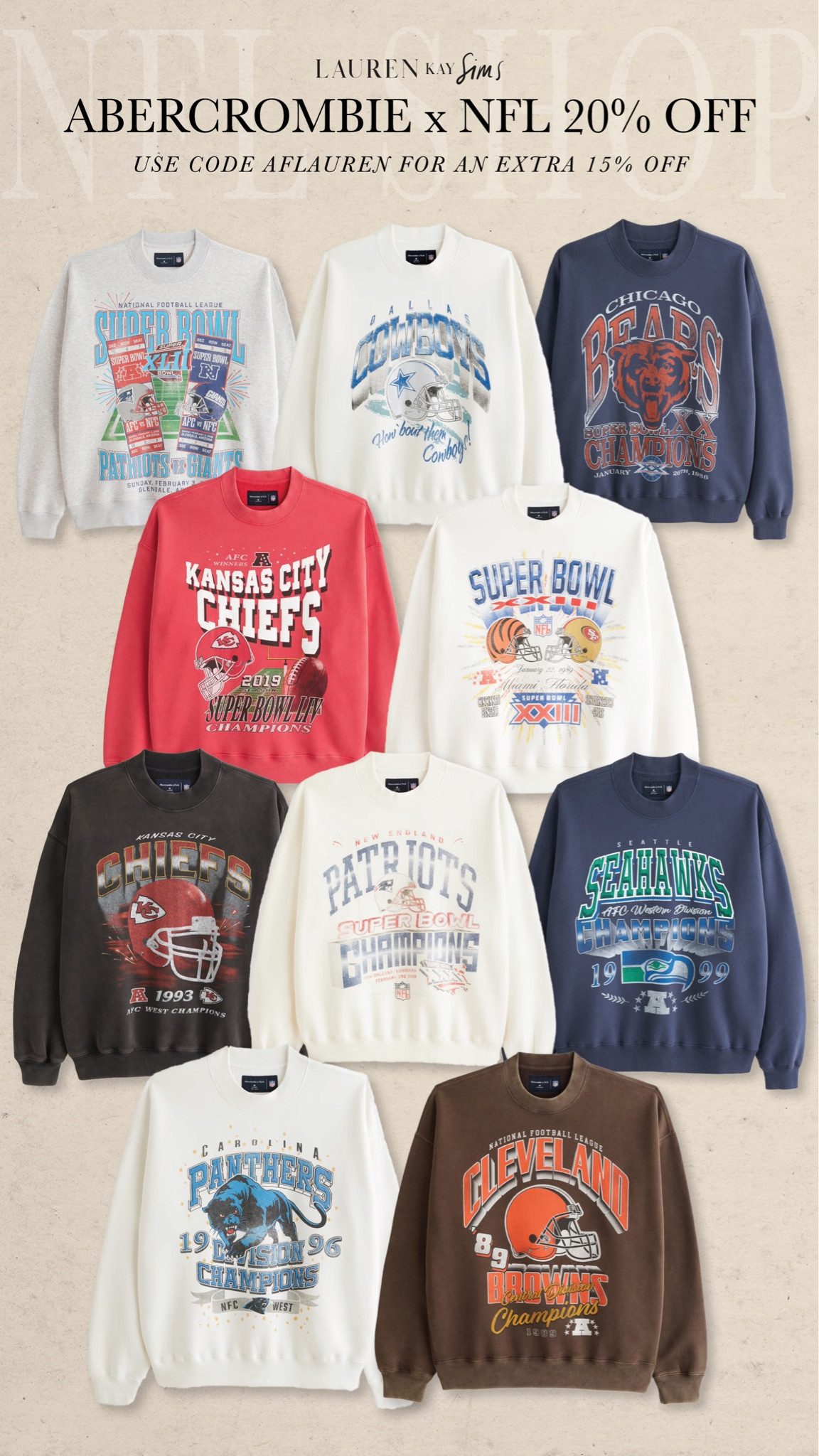 abercrombie x NFL 20% off 🏈 use code AFLAUREN for an extra 15% off! tap the sweatshirts below to see more colors + teams. 

#LTKStyleTip #LTKFindsUnder100 #LTKSaleAlert