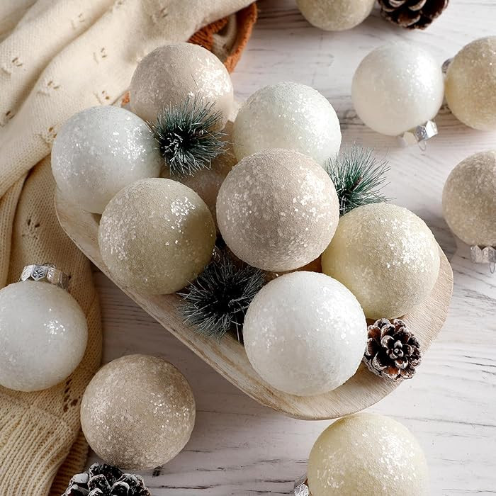 12 Pcs Neutral Textured Christmas Ball Ornaments 2.36 Inch Glitter Sugar Matte Cream Beige White ... | Amazon (US)