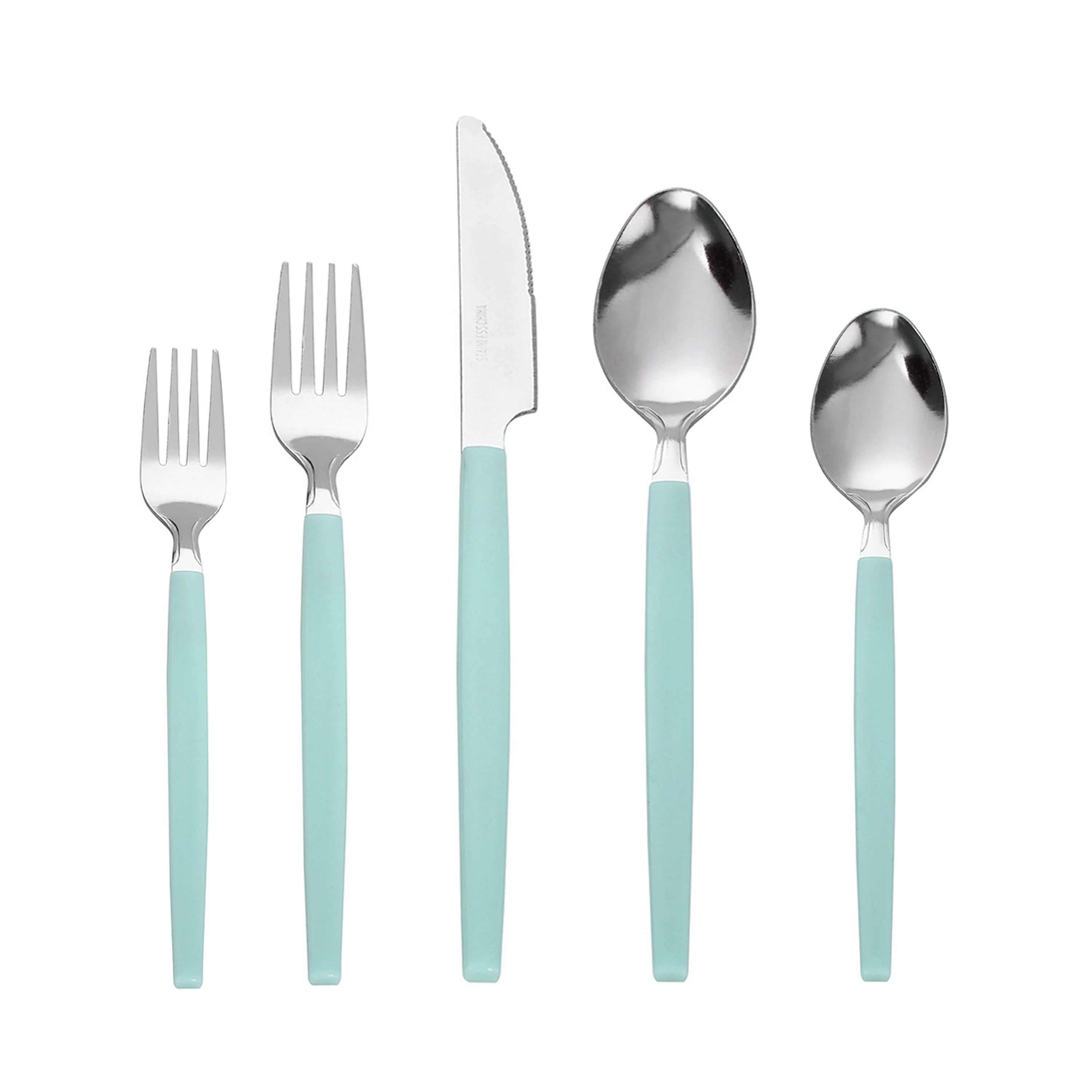 Mainstays 49-piece Stainless Steel and Plastic Flatware Set with Tray, Aquifer/Teal | Walmart (US)