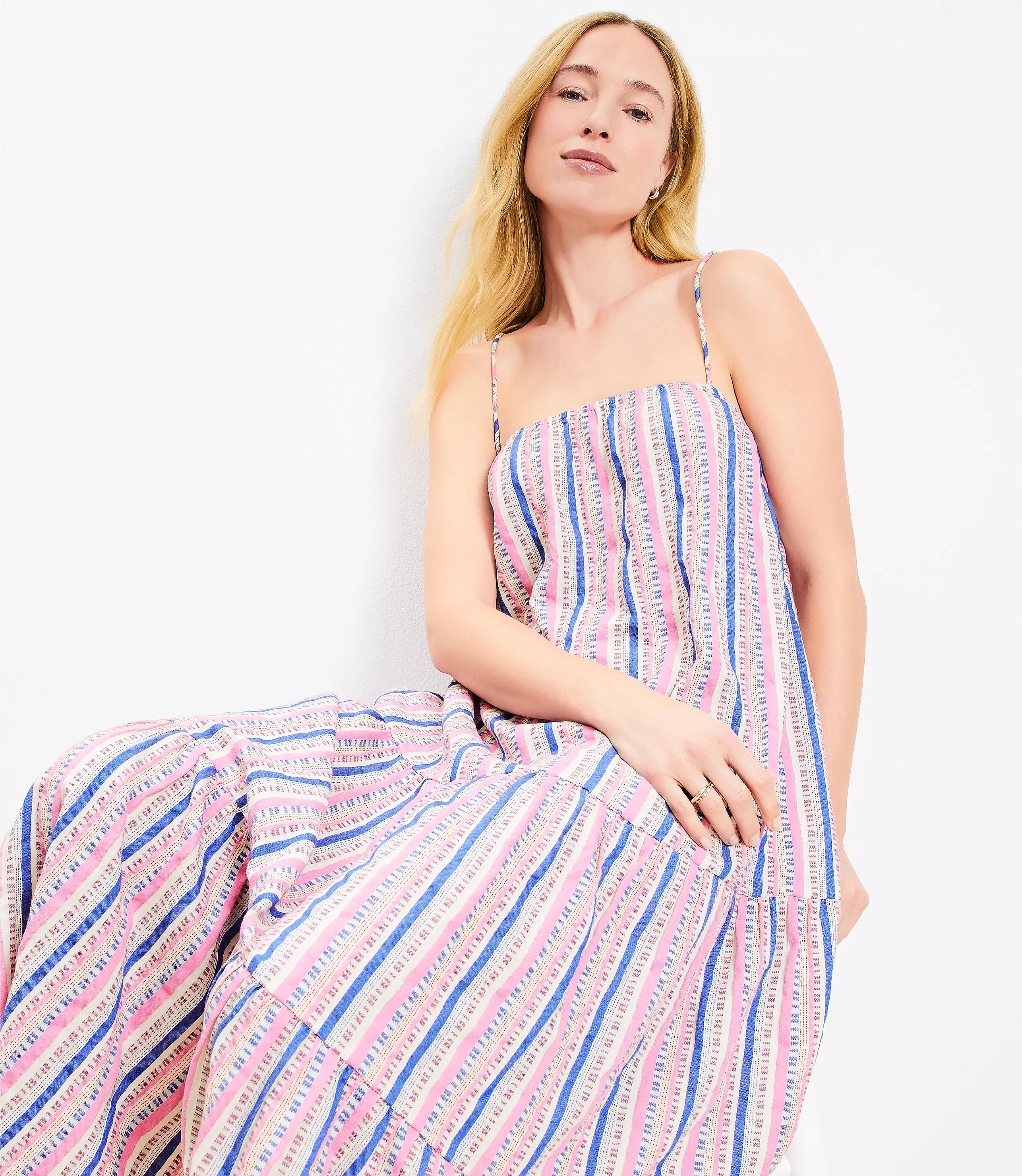 LOFT Beach Dobby Stripe Square Neck Tiered Maxi Dress | LOFT