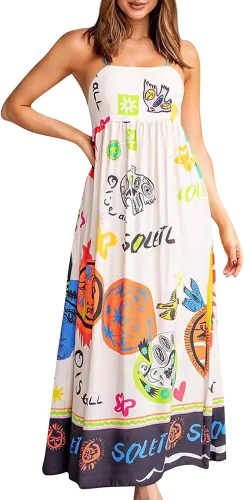 Women Cute Print Maxi Cami Dress Loose Sleeveless Spaghetti Strap Boho Dress Flowy Graffiti Long ... | Amazon (US)