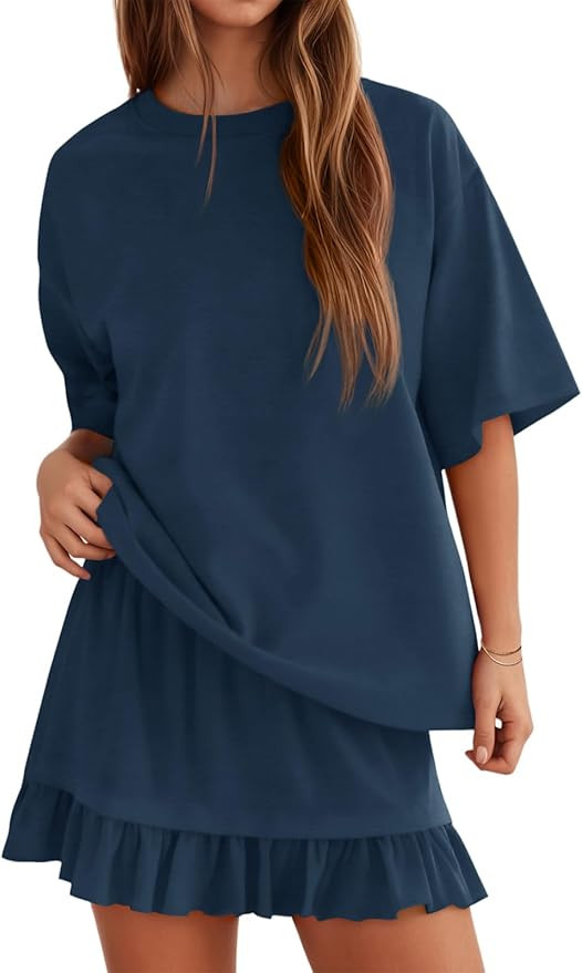 Yousify 2 Piece Skirt Set for Women Summer Vacation Outfits Short Sleeve Crewneck Tops and Casual... | Amazon (US)