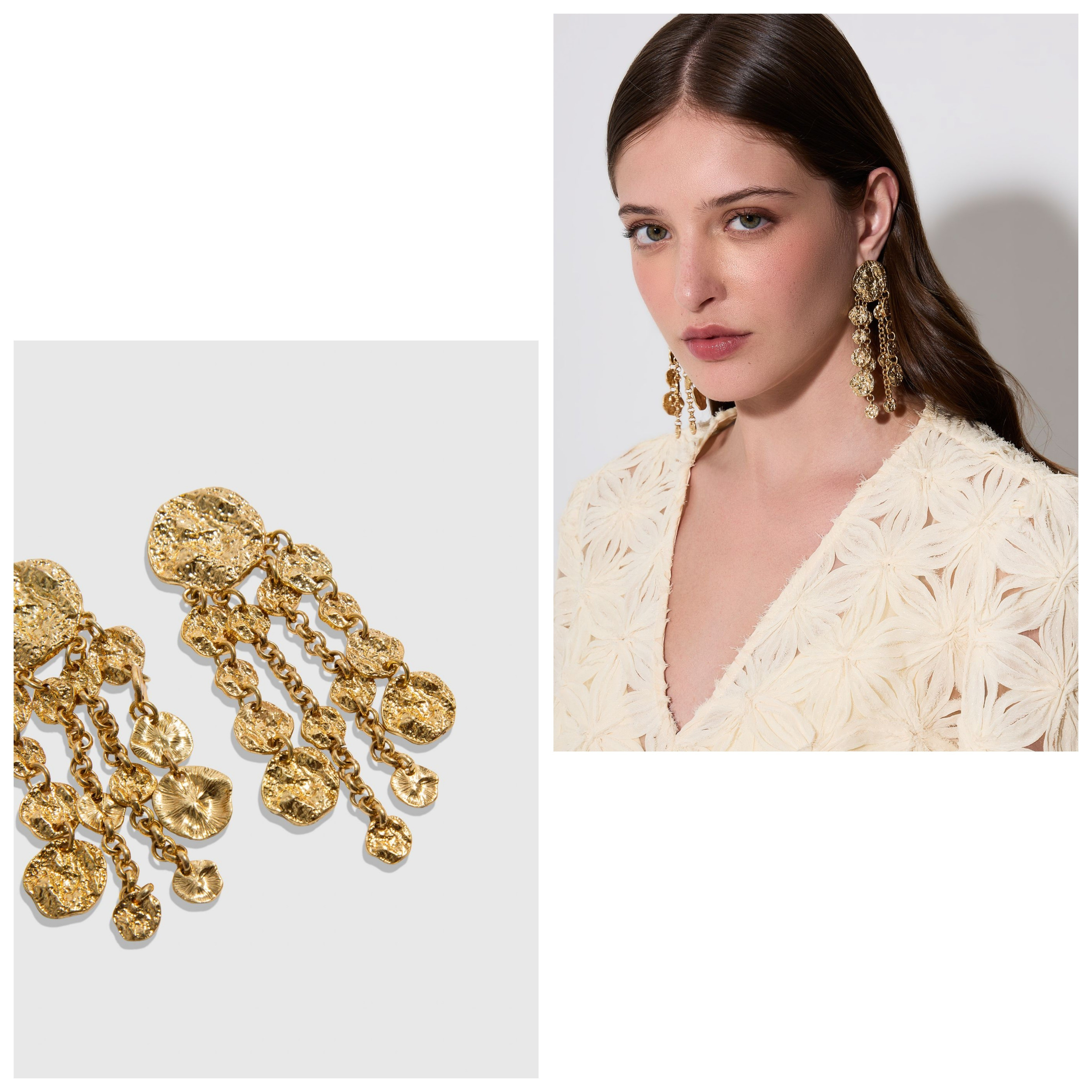Deixe o brinco assumir o protagonismo do look, perfeito para produções que buscam destaque.O Brinco é confeccionado em metal com banho dourado, possui base redonda com pingentes em formas irregulares, medalhas com acabamento martelado, comprimento alongado e fechamento por tarraxa.

#LTKdicadeestilo