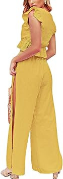 FANCYINN Womens 2 Pieces Outfits Deep V Neck Crop Top Side Slit Drawstring Wide Leg Pants Set Jum... | Amazon (US)