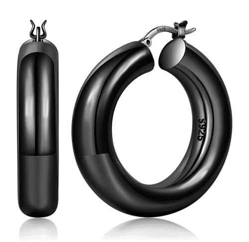YOUNGYUE 8mm Black Hoop Earrings Hypoallergenic Large Black Hoops Earring for Women Lightweight Chunky Earrings for Women 30mm | Amazon (US)