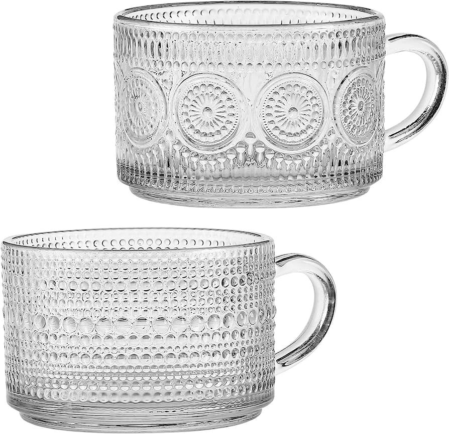 Bandesun Vintage Glass Coffee Mugs Tea Cups, 14 Oz Set of 2 - Stackable Embossed, Glassware with ... | Amazon (US)