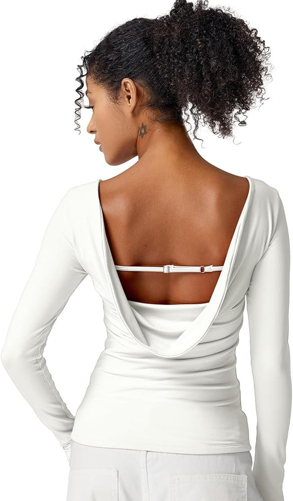 QINSEN Women's Cowl Back Long Sleeve Shirts Boat Neck Double Lined Going Out Tops Stretchy Fitted... | Amazon (US)