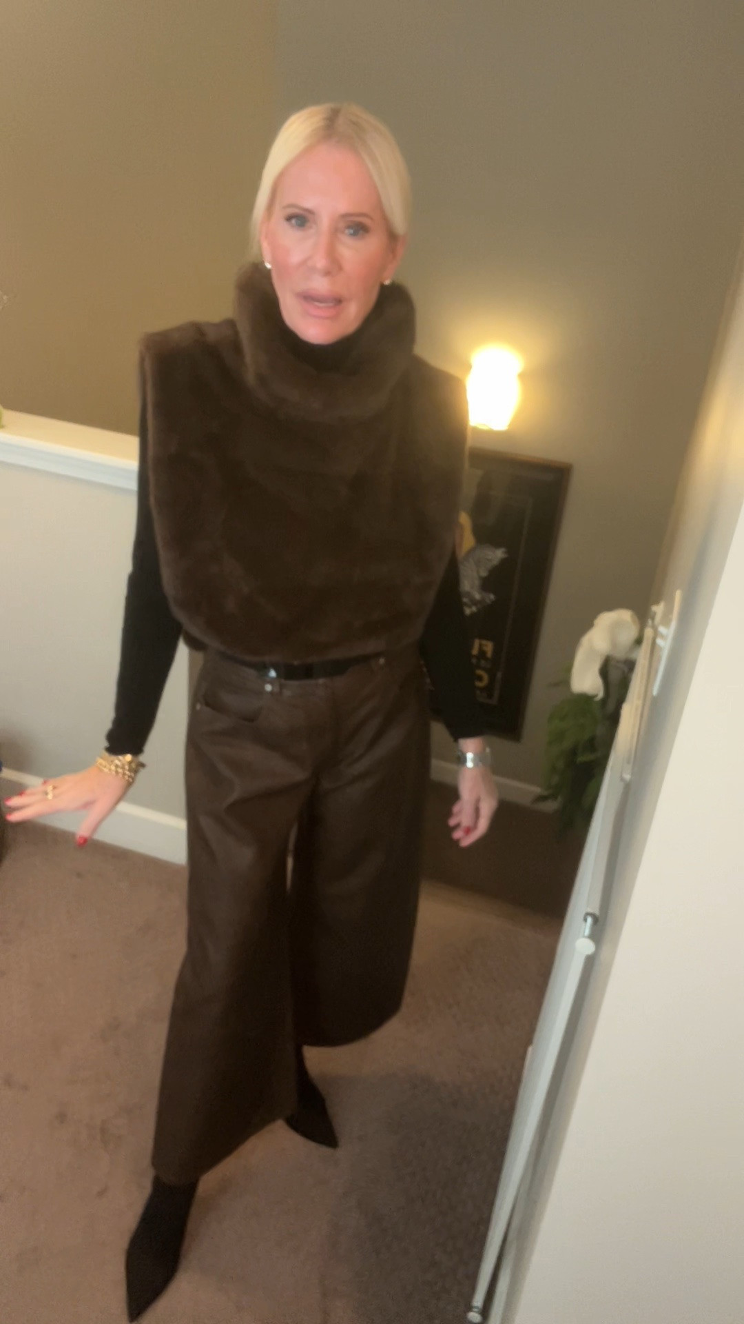 The Gilet I am wearing is from Shein:

HUACAITA Women's Fashion Vintage Faux Fur Vest Jacket, Two-Piece Style Can Be Worn Inside Or Outside, Layered With High Collar Top, Faux Mink Fur Atmosphere Warm Sleeveless Vest

Other options are below.