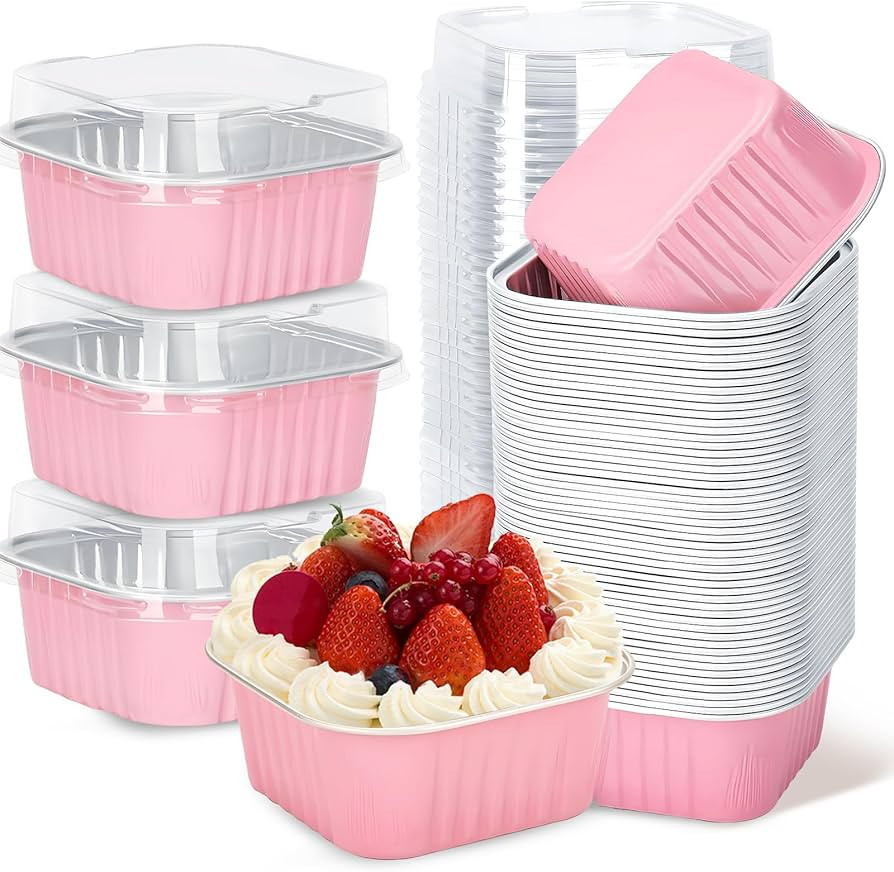 30Pack 5oz Pink Mini Cake Pans with Lids Baking Cups Aluminum Foil Pans Tins, Individual Dessert ... | Amazon (US)