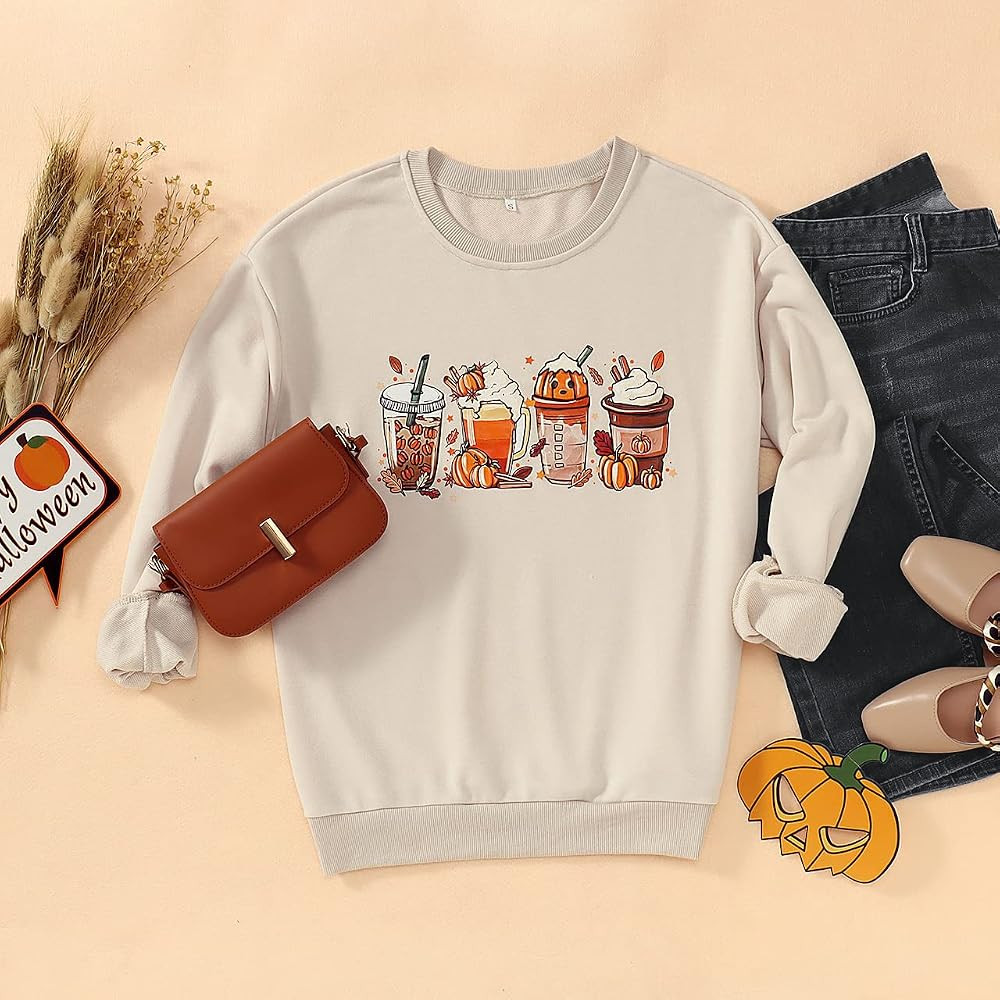 Women Halloween Pumpkin Coffee Shirt Long Sleeves Cute Crewneck Sweatshirts Casual Pullover Top Fall | Amazon (US)
