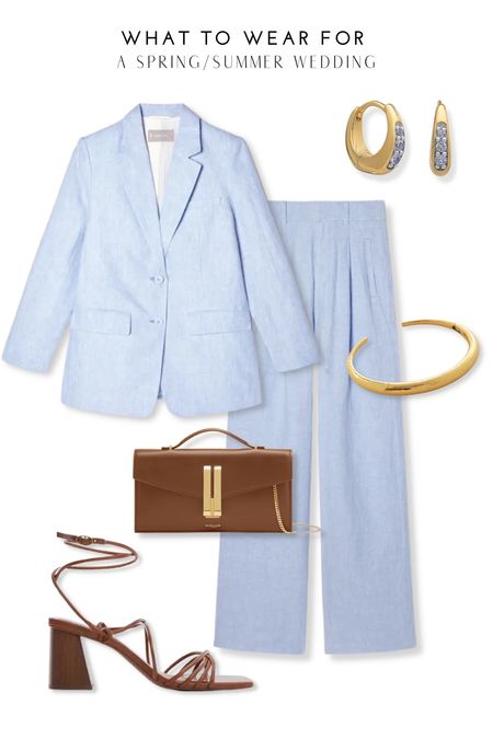 Spring summer wedding guest outfit ideas 🫶 styling a light blue linen Everlane suit with tan & gold accessories ✨

#LTKwedding #LTKstyletip #LTKSeasonal