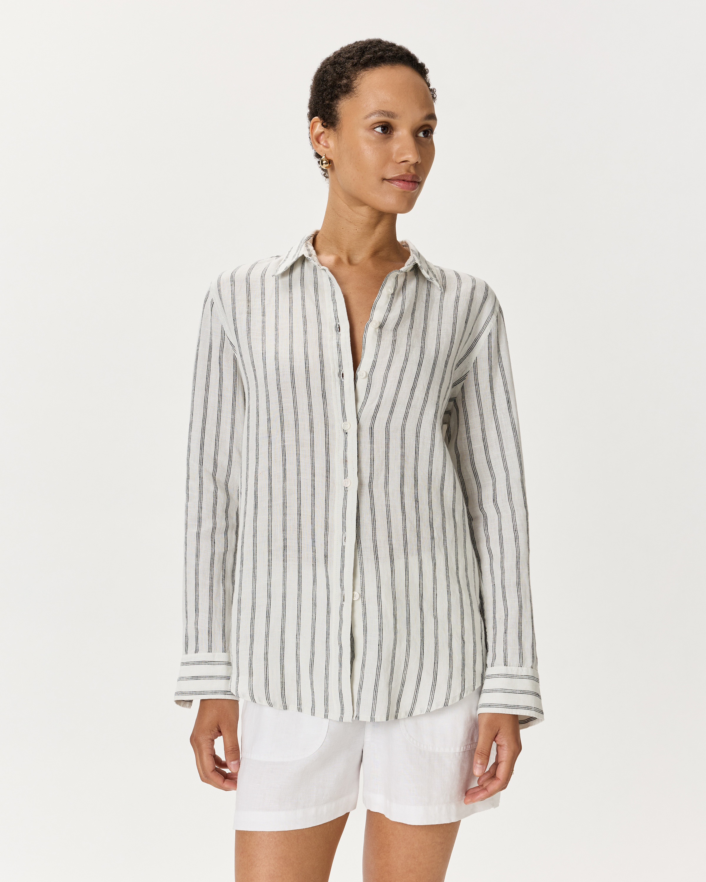 Quince | Women's 100% European Linen Long Sleeve Shirt in Oatmeal / Black Stripe, Size Large | Quince