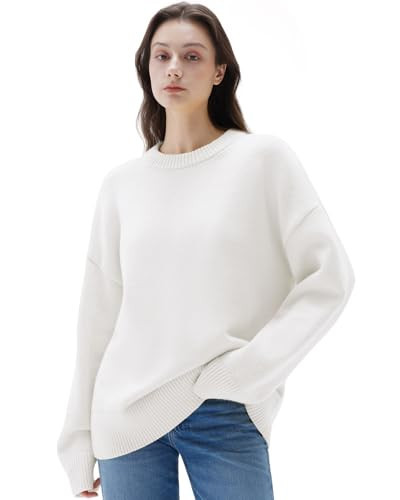SUUKSESS Cashmere Women Oversized Long Sleeve Pullover Sweater 2025 Fall Winter Crew Neck Jumper Tops (White,XL) | Amazon (US)