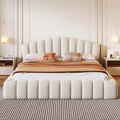 Kennita Velvet Upholstered Queen Bed Frame Floor Bed Shell-Shaped Headboard for Bedroom,No Box Spring Needed | Wayfair North America