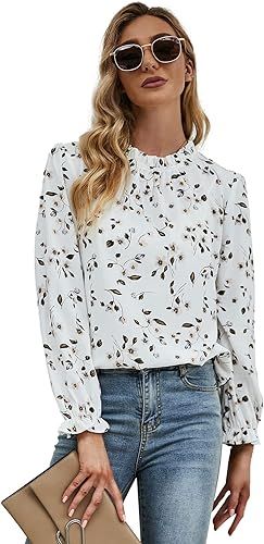 Floerns Women's Floral Print Long Sleeve High Neck Georgette Chiffon Blouse | Amazon (US)