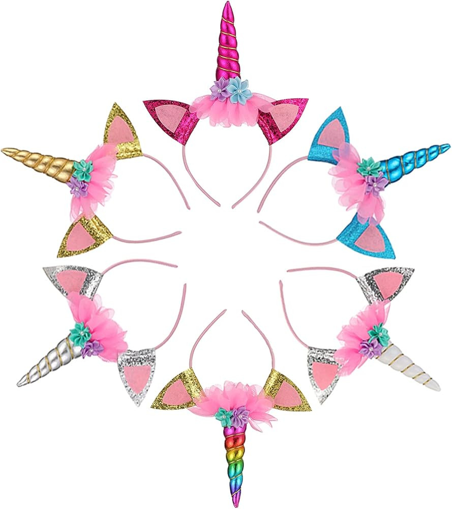 SUNOVELTIES 6 Pack Unicorn Horn Glitter Ears Flower Headband Birthday Party Favor Supplies | Amazon (US)