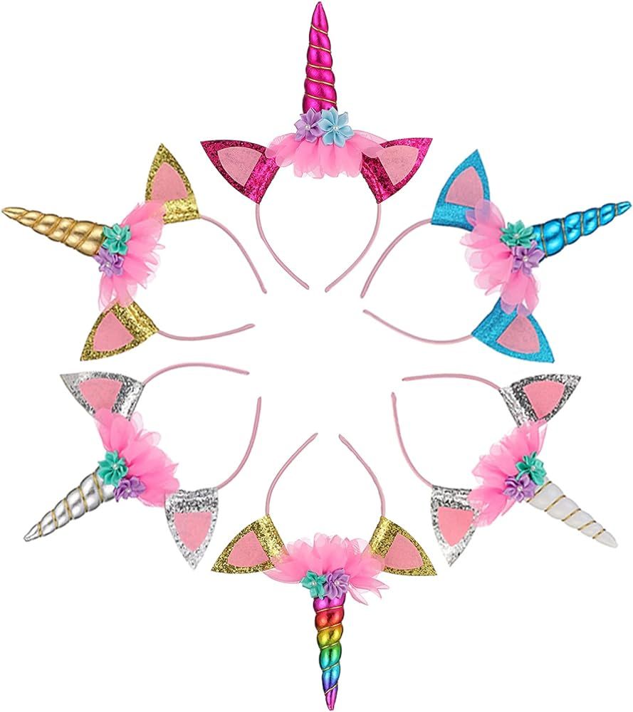 SUNOVELTIES 6 Pack Unicorn Horn Glitter Ears Flower Headband Birthday Party Favor Supplies | Amazon (US)