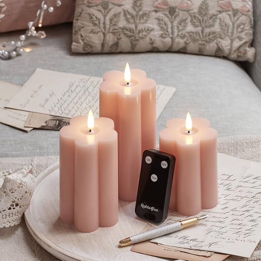 Lights4fun, Inc. Set of 3 TruGlow Pink Wax Flower Flameless LED Battery Operated Pillar Candles w... | Amazon (US)