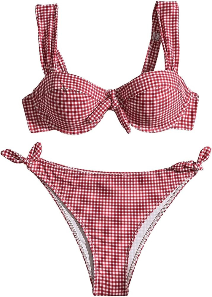 MakeMeChic Women's 2 Piece Plaid Bikini Sets Gingham Print Bow Knot Backless Swimsuits High Waist... | Amazon (US)