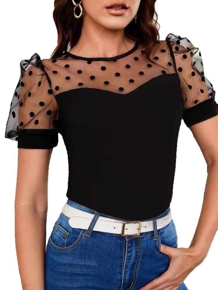 Women's Polka Dot Mesh Sheer Blouse Short Sleeve See Through Dots Tops | Amazon (US)