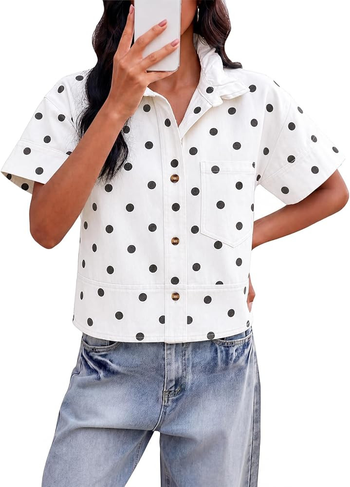 Tankaneo Womens Polka Dot Button Down Denim Shirt Short Sleeve Cropped Tops | Amazon (US)