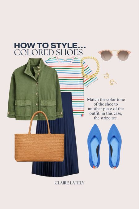 How to style colored shoes - Rothy pointed toe flats, jcrew pleated skirt, kule stripe tee, utility jacket, chunky gold necklace, earrings, madewell everyday tote bag, Krewe sunglasses 
❤️ CLAIRE LATELY 

#LTKshoecrush #LTKworkwear #LTKfindsunder100