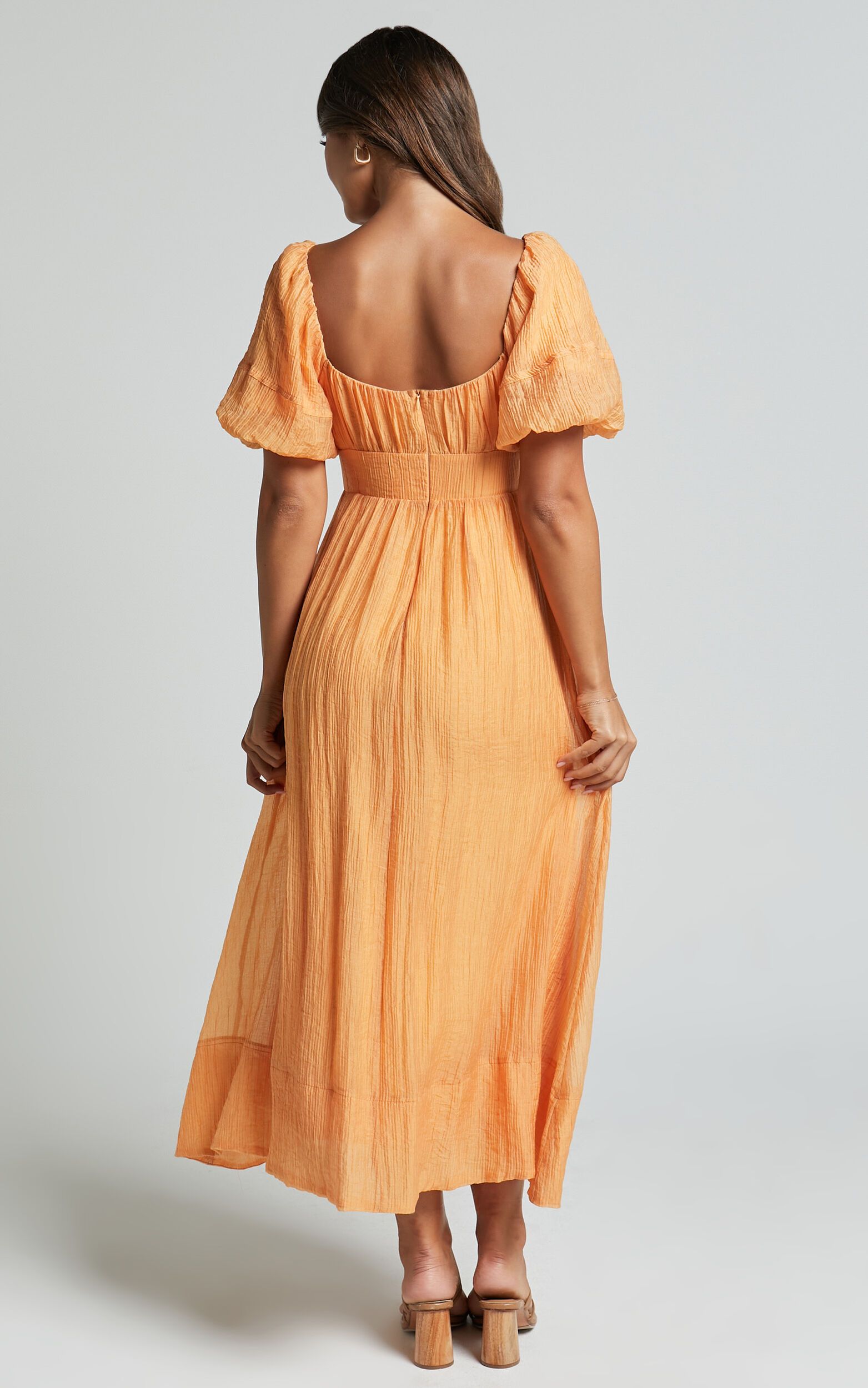 Roshina Midi Dress - Straight Neck Puff Sleeve Dress in Orange | Showpo (ANZ)
