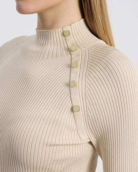 Silky Soft Fitted Ribbed Mock Neck Button Shoulder Sweater | Express